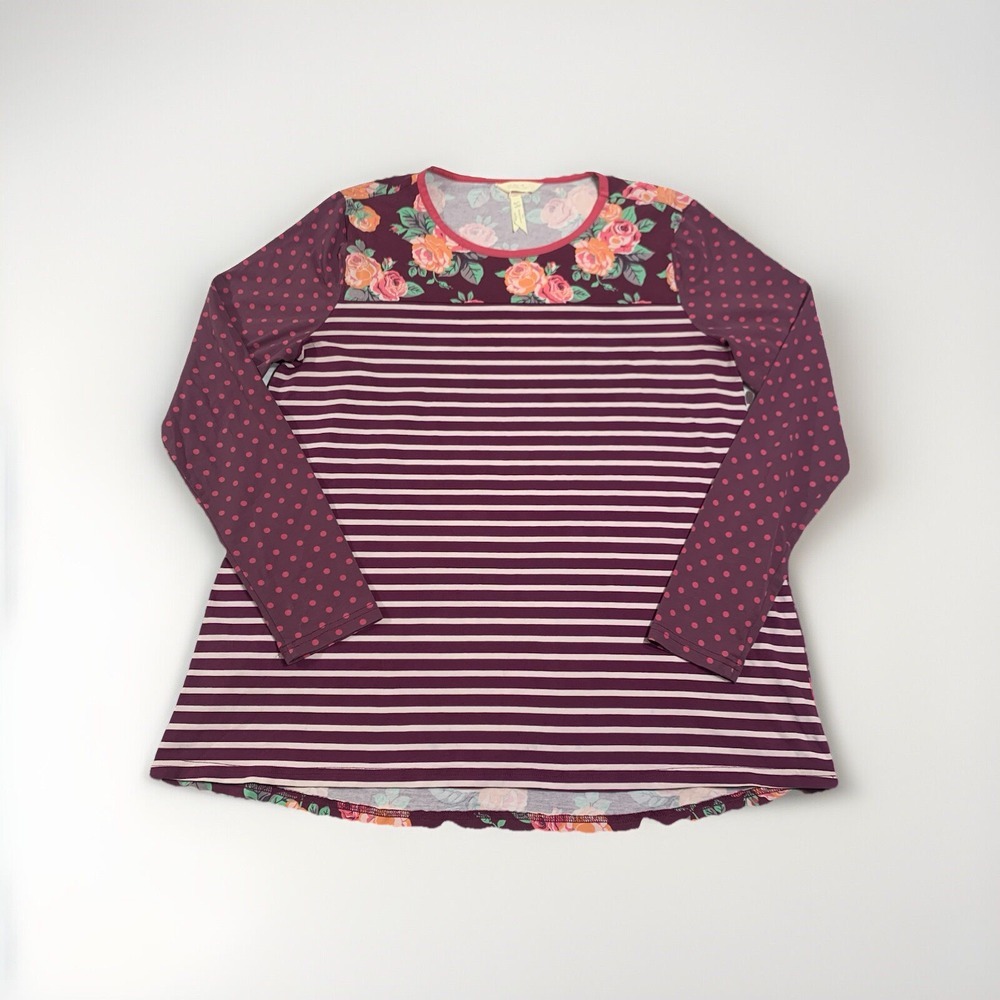 MATILDA JANE Top Womens Large Tunic Long Sleeve Striped Polka Dot Floral Blouse